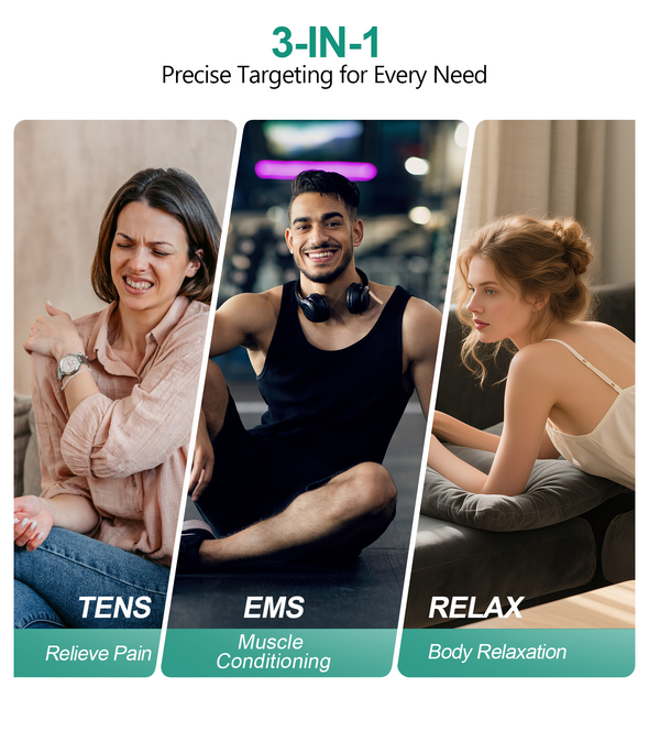 Medcursor Wireless 3-in-1 TENS Unit, Dual-Channel Muscle Stimulator with App Control & Session Memory, EMS Machine with 25 Intensities and 8 Target Areas, Storage Pouch, Designed for Back Pain Relief