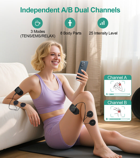Medcursor Wireless 3-in-1 TENS Unit, Dual-Channel Muscle Stimulator with App Control & Session Memory, EMS Machine with 25 Intensities and 8 Target Areas, Storage Pouch, Designed for Back Pain Relief