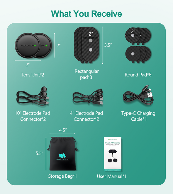 Medcursor Wireless 3-in-1 TENS Unit, Dual-Channel Muscle Stimulator with App Control & Session Memory, EMS Machine with 25 Intensities and 8 Target Areas, Storage Pouch, Designed for Back Pain Relief