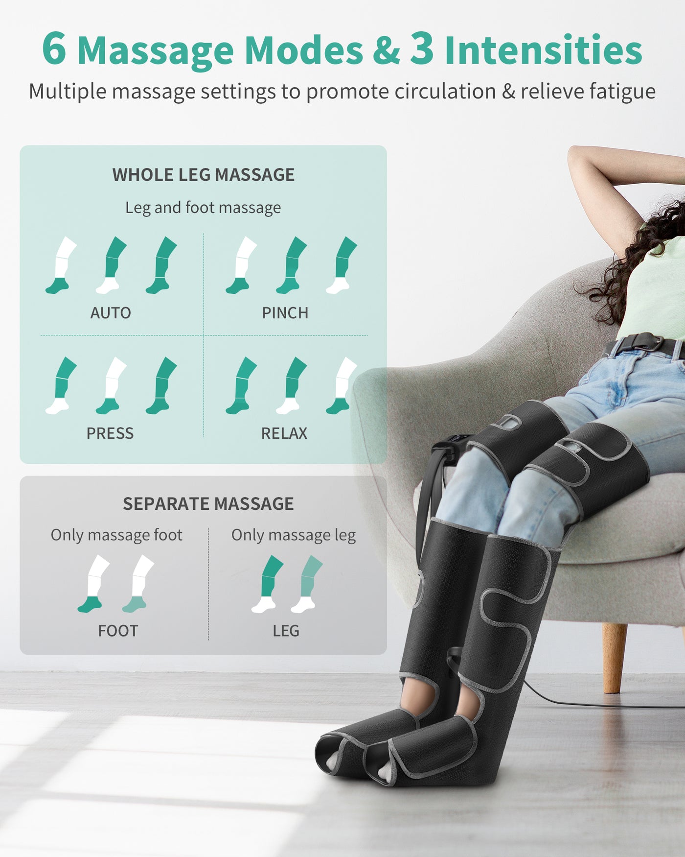 Nekteck Leg Massager with Air Compression for Circulation and Relaxation, Foot and Calf Massage Machine with Hand-Held Controller 2 Modes 3